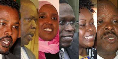Description: Photos/FILE From Left: Mr Abdikadir Mohammed (Mandera Central), Olago Aluoch (Kisumu Town West), Sofia Abdi Noor (nominated), Ababu Namwamba (Budalang’i), Millie Odhiambo (nominated) and Isaac Ruto (Chepalungu).